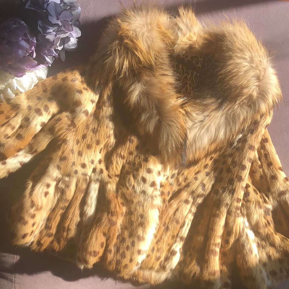 Animal print rabbit and raccoon fur short  jacket